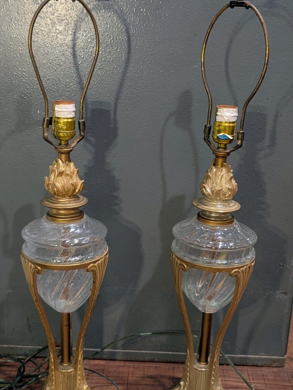 Pair Vintage Hollywood Regency Glass Brass Table Lamps 29"